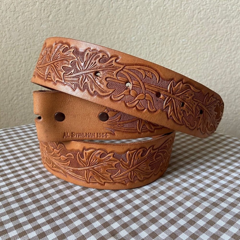 AL Stohlman 1984 Leather Tooled Belt Leaves No Buckle Length: 47.5'' (X/XL)